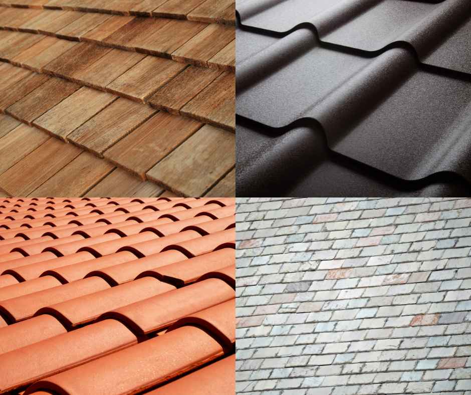 closeup of slate, tiles, metal, and cedar roofing shingles