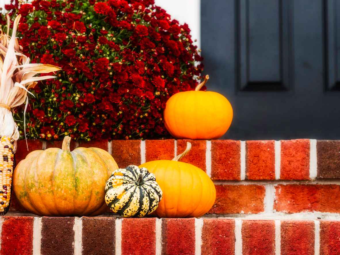 Pumpkins and mums sitting on the doorsteps of a home in fall