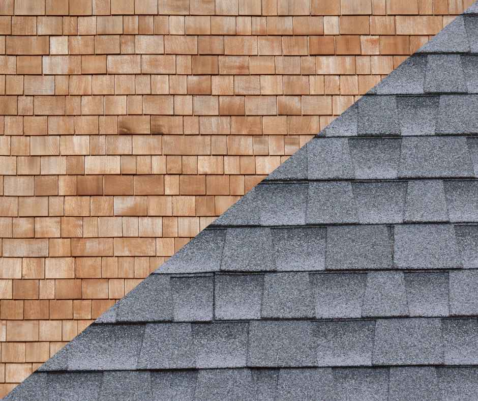 A roofing side by side comparison of ashpalt shingles and cedar shingles